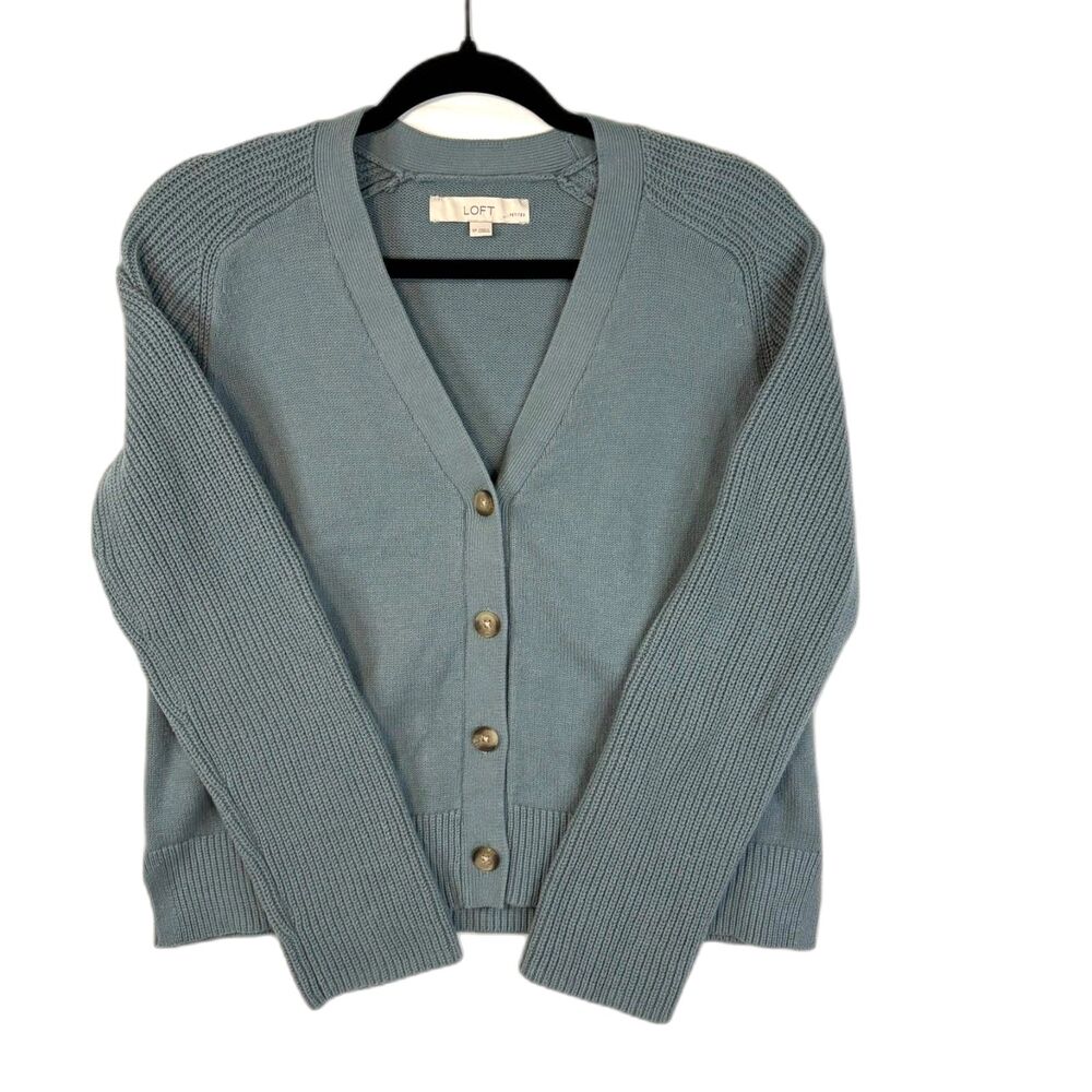 LOFT Blue Gray Ribbed Knit V-Neck Button Front Cardigan Sweater Petite Small